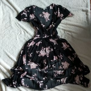 Long black and pink floral romper dress